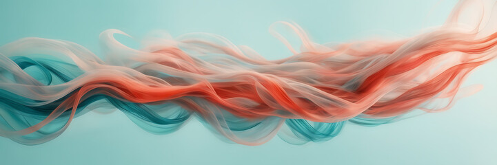 Abstract composition featuring sinuous ribbons of smoke in shades of turquoise and coral against a backdrop of wispy clouds.