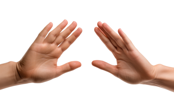 Two hands stretch towards each other, fingers outstretched, aiming to meet in the middle. The hands symbolize unity, connection, and cooperation in their hopeful gesture.