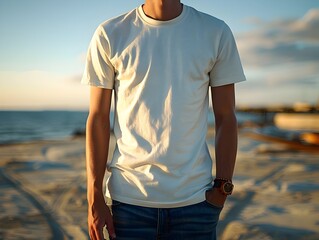 Man in White T-Shirt on the Beach in Polished Craftsmanship Style