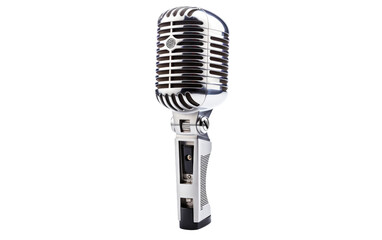 A silver and black microphone stands on a plain white background. The microphone appears sleek and professional, ready for use in recording or performance settings.