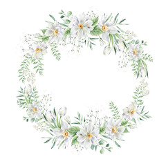 Wedding wreath with white flowers, watercolor white flowers background
