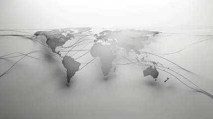 Fotobehang World map with connecting lines between continents, representing global trade and international business, set against a plain backdrop © Amil