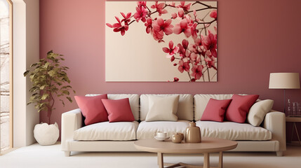 stylowe minimalistyczne wnętrze salonu z designerską sofą, meblami, nowoczesnym obrazem i eleganckimi akcesoriami osobistymi. Wystrój domu. Mockup na ścianie na plakat. Projektowanie wnętrz. Szablon.