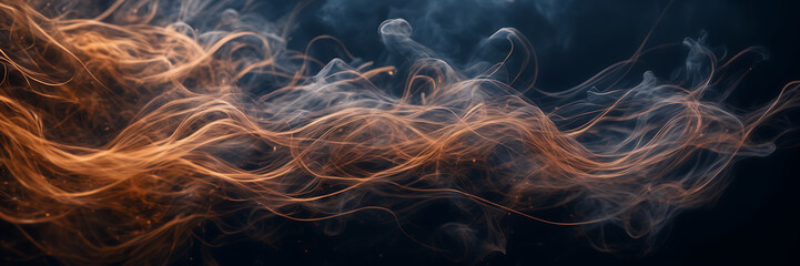 Close-up image revealing the intricate dance of smoke tendrils in hues of copper and bronze against a canvas of midnight blue. - obrazy, fototapety, plakaty