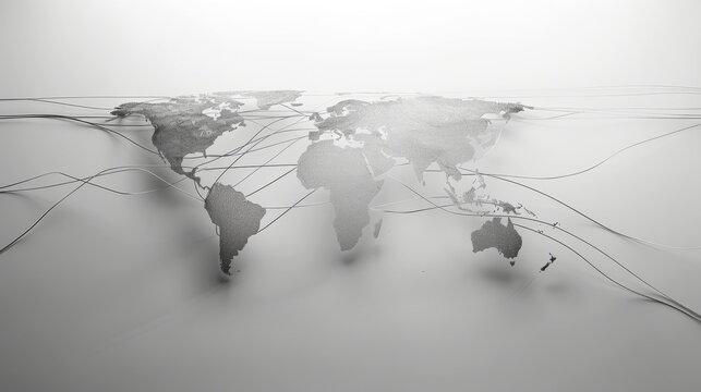 Fototapeta World map with connecting lines between continents, representing global trade and international business, set against a plain backdrop