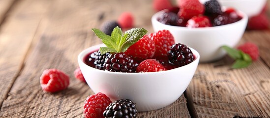 A close-up view of small white bowls filled with a vibrant assortment of fresh berries and...