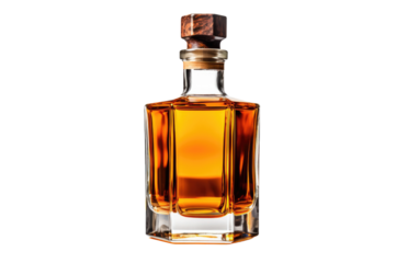 A bottle of whiskey stands upright on a plain white background. The label is visible, showing the brand and type of whiskey. The bottle is closed with a cork, with no other objects in sight.