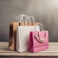 red shopping bag, free space for your decoration pink shopping bags on wooden desk, Ai Generate 