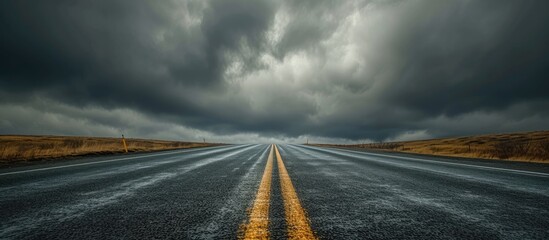 An empty asphalt road stretches into the distance under a cloudy sky. The road is devoid of any vehicles or pedestrians, creating a sense of solitude and quietness amidst the overcast weather. - obrazy, fototapety, plakaty