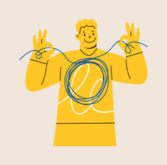Problem solving concept. Man holding strings a thread from complex to simple. Colorful vector illustration