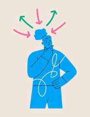 Sad woman confused with arrows, direction with alternative path decisions. Colorful vector illustration
