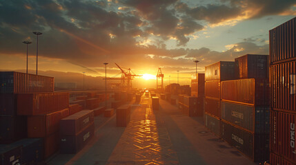 Obraz premium Dramatic Sunset Over Industrial Shipping Container.