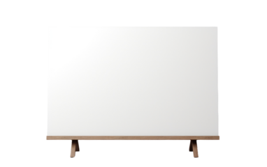 A white board with wooden legs is standing on a plain white background. The board is sturdy and rectangular in shape, supported by four wooden legs at the corners.