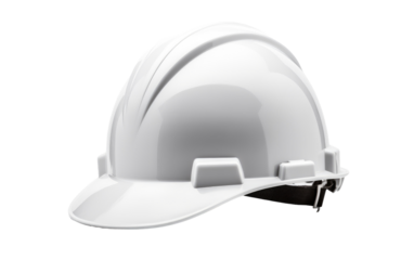 A white hard hat showcasing the protective headgear commonly worn in construction and industrial settings. The hard hat is sturdy and durable, designed to safeguard the wearer from potential hazards.