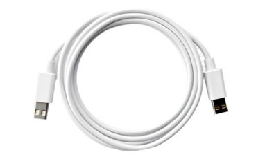 A white USB cable is visibly connected to an Phone. The cable appears to be charging the phone or facilitating data transfer between the two devices. The connection is secure and functional.