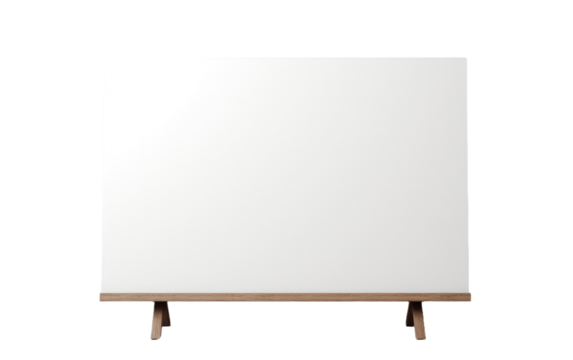 A white board with wooden legs is standing on a plain white background. The board is sturdy and rectangular in shape, supported by four wooden legs at the corners.