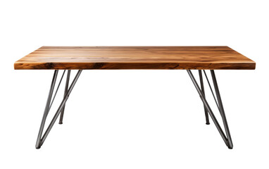 A wooden table with sleek metal legs is showcased against a plain white background. The simplicity of the design allows the tables construction to stand out.