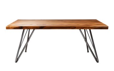 A wooden table with sleek metal legs is showcased against a plain white background. The simplicity of the design allows the tables construction to stand out.