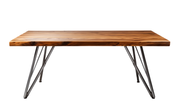 A wooden table with sleek metal legs is showcased against a plain white background. The simplicity of the design allows the tables construction to stand out.