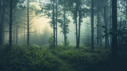 Naklejka premium Foggy Forest Trees Nature