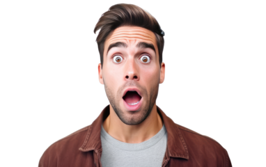 Displaying Surprise Expression. A man with a shocked and amazed facial expression, his eyes widened and mouth slightly open in astonishment.