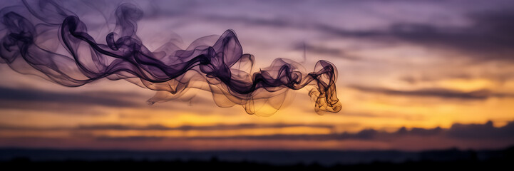 Photograph capturing the hypnotic allure of smoke tendrils in shades of amethyst and citrine against a backdrop of twilight. - obrazy, fototapety, plakaty