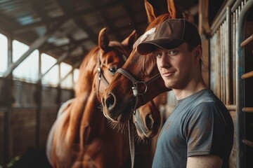 Handsome man in leather jacket posing with his horse at a rustic stable