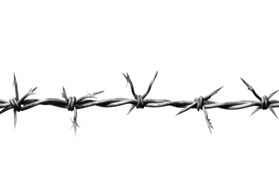 A straight line of sharp, menacing barbed wire stretches across a plain white background. The wire appears to be taut and unwavering, creating a sense of restriction and danger.