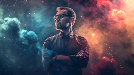 Portrait of a bearded hipster man in glasses and a shirt over colorful smoke background.