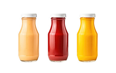 Three glass bottles filled with different colored liquids are placed side by side on a table. Each bottle has a unique label and size, with the liquids visibly sloshing inside.