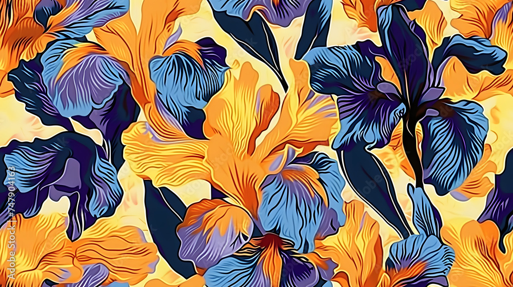 Sticker Iris flowers in bold painted seamless repeating pattern