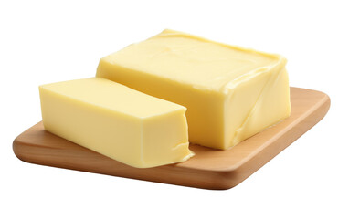 A block of butter sits neatly on top of a wooden cutting board. The butter is solid and smooth, while the cutting board shows signs of use with knife marks.