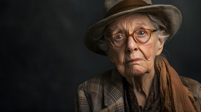 Portrait of an elderly woman in a hat and glasses on a dark background