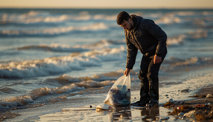 Man collecting waste on beach