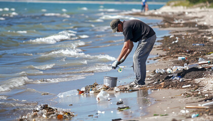Man earnestly collecting waste on a beach as part of a community cleanup event - promoting environmental consciousness and community participation."