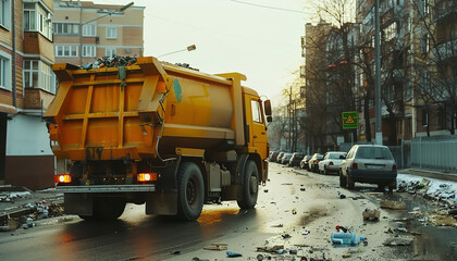 Garbage truck diligently collecting waste in a bustling city - a recognizable symbol of urban waste management and infrastructure."