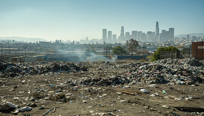 Overfilled landfill with city in background