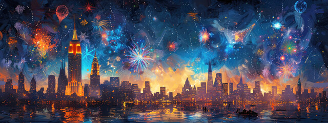 Panoramic illustration of night view of New York City under a dark sky full of lights, shine and sparkles from fireworks. Celebration, event, festival, entertainment in a city skyline.