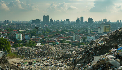 An overfilled landfill with the city skyline in the background - a poignant illustration of the ongoing waste management crisis in urban areas."