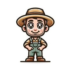 Cheerful Cartoon Farmer Character in Overalls and Straw Hat, Isolated on White Background. Digital Illustration of Farming Profession Icon for Children's Educational Material and Stock Imagery