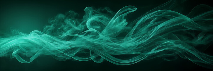 Abstract composition featuring intertwining ribbons of smoke in shades of emerald and jade against...