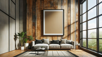 blank mockup poster frame hangs over a modern living room. Chic and spacious