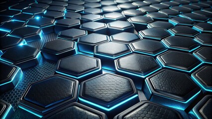 Obraz premium Abstract Hexagonal Geometric Ultra Wide Background. Structure of Lots of Hexagons of Carbon Fiber with Bright Energy Light Breaking Through the Cracks. 3D Rendering.