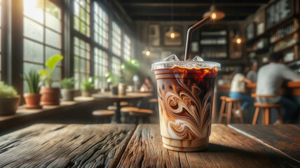 Cold coffee milk condenses in a clear plastic cup. cafe background