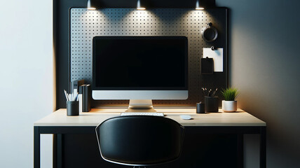 modern and stylish office desk setup, computer mockup on a sleek table against a black wall