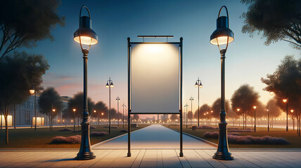 blank information poster mounted on a metal frame in a bustling city square during twilight