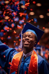 a man in a graduation cap and gown is throwing confetti in the air
