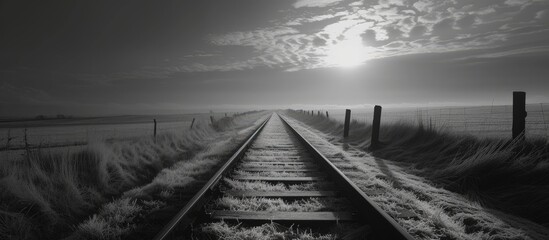 A black and white photograph showcasing train tracks running parallel to a pathway, creating a sense of depth and perspective in the composition. The tracks stretch into the distance, highlighting the