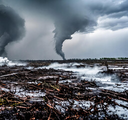 The raw power of a tornado by focusing on its twisting motion as it ravages the landscape