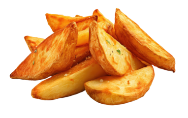A stack of freshly fried potato wedges arranged neatly on a plain white surface. The golden brown color of the crispy wedges contrasts beautifully with the clean background.